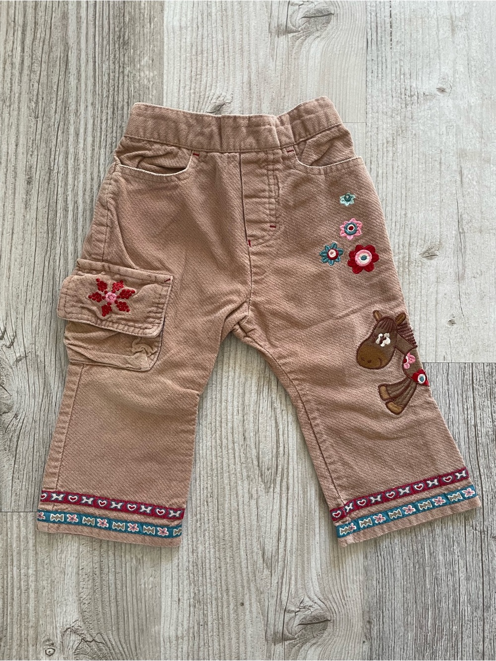 Embroidered Tan Kids Corduroy Pants with Flower & Horse-size 12M
